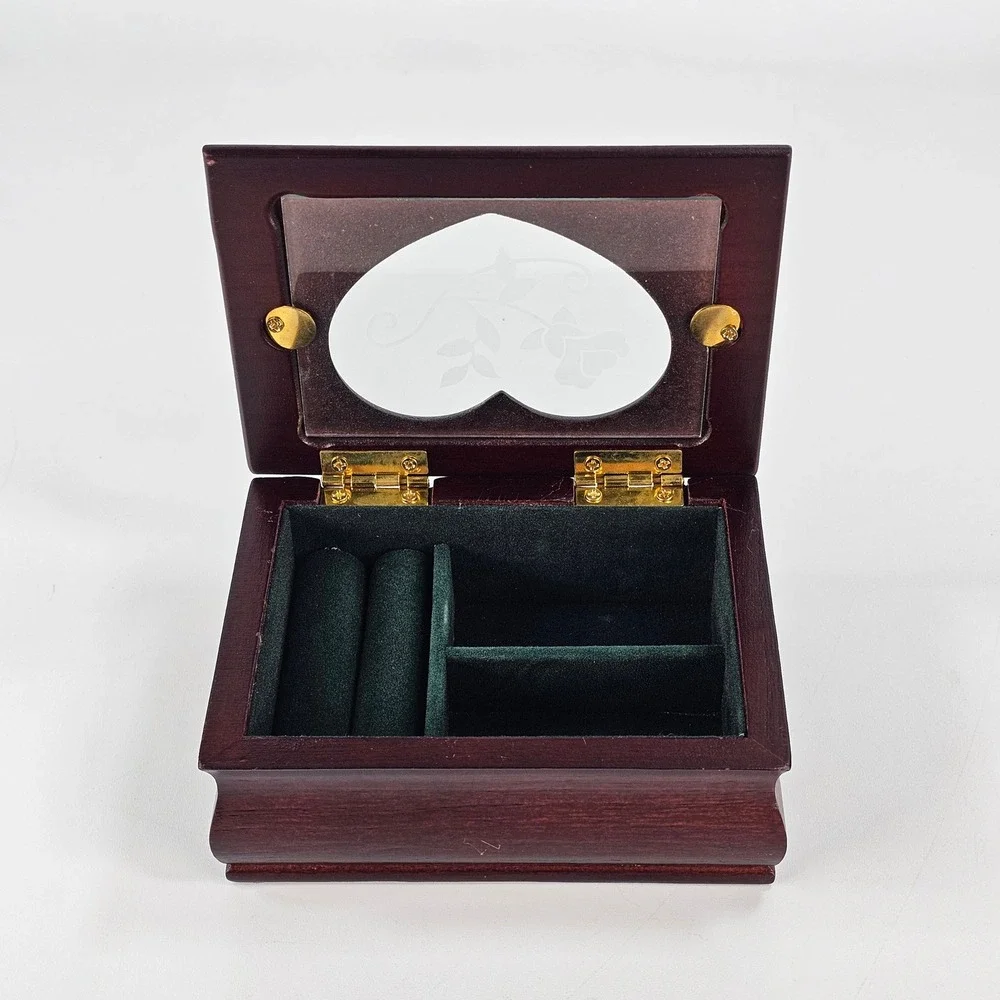 Vintage Wooden Heart Rose Etched Glass Jewelry Box Mahogany Tone Christmas 2000
